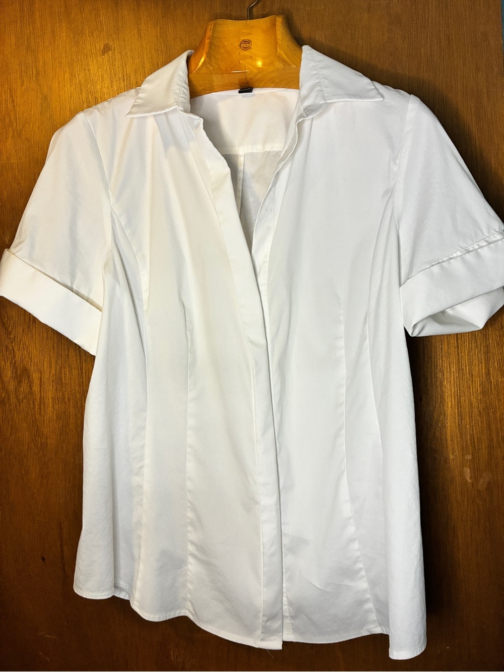 Ann Taylor White Stretch Cotton Short-Sleeve Button-Front Blouse